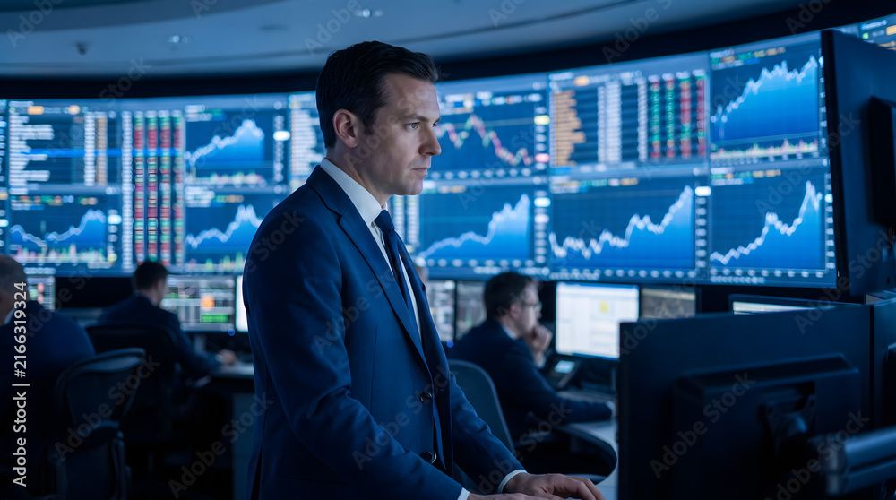 Fototapeta premium Business Analysts Monitoring Financial Market Data on Screens