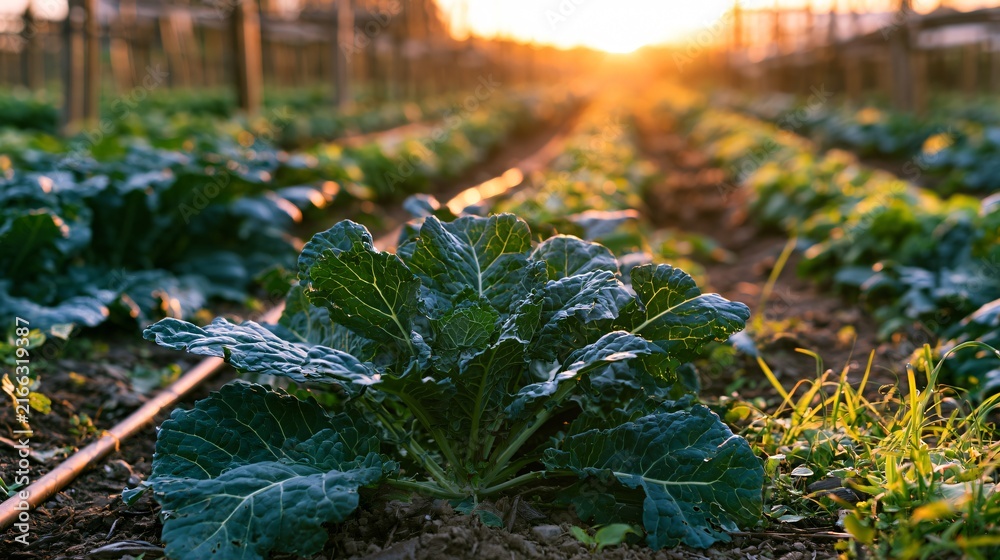 Obraz premium An organic farm composition featuring kale growing in garden rows beneath warm golden sunlight