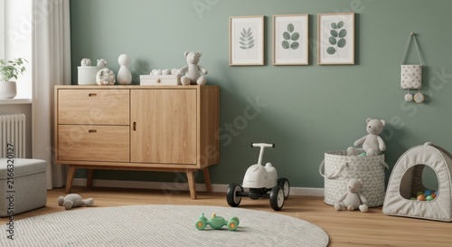 Cozy nursery scene with wooden furniture, toys, and framed botanical prints