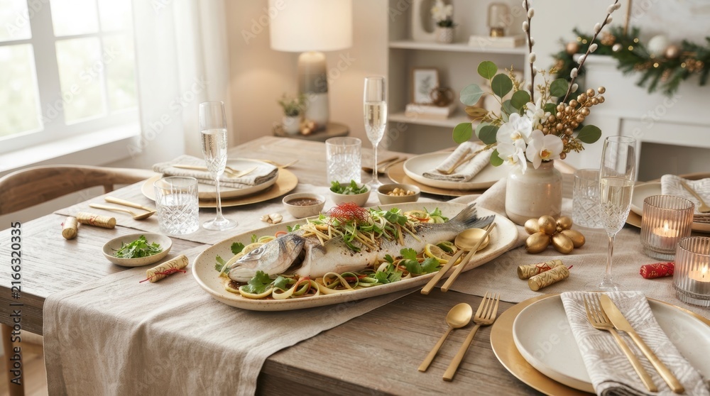 Fototapeta premium Festive Feast: An elegantly set dining table awaits a celebratory meal, featuring a beautifully presented whole roasted fish as the centerpiece.