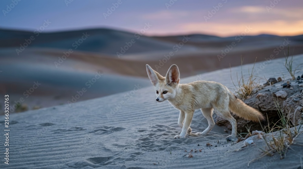 Naklejka premium Desert Fox on Dune: A fennec fox with large ears stands alert in a sandy desert landscape under a soft twilight sky, poised near its burrow.