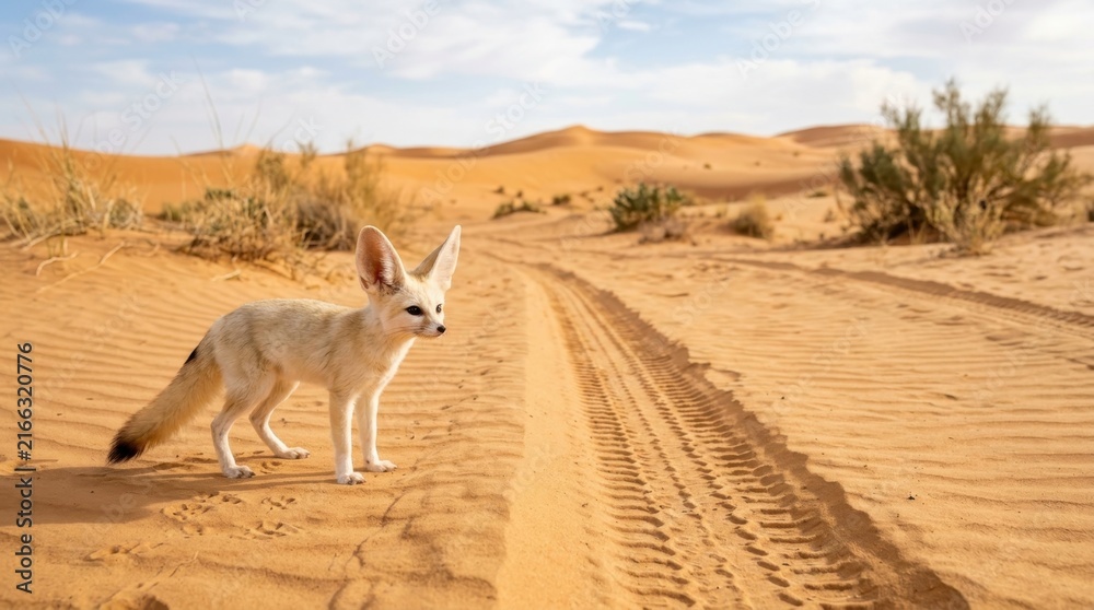 Naklejka premium Fennec Fox in the Desert: A solitary fennec fox with large ears stands on a sand dune in the arid desert landscape, with tire tracks leading through the vast expanse of sand under a clear blue sky.