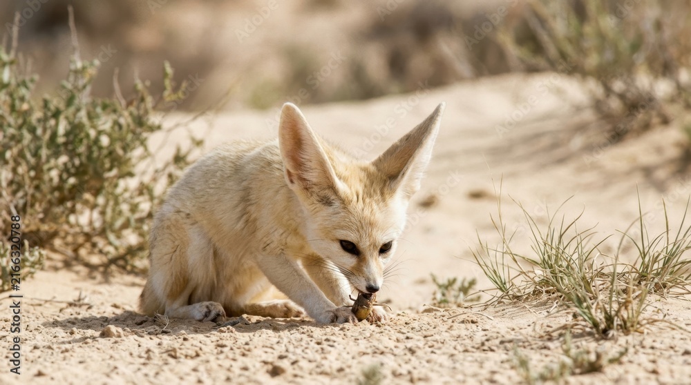 Naklejka premium Fennec Fox in Desert: A cute fennec fox with large ears digs in the sand amidst arid desert vegetation, showcasing its adaptation to a harsh environment.