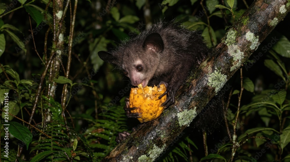 Naklejka premium Aye-aye Primate in Forest: A nocturnal aye-aye, a unique primate known for its large ears and rodent-like teeth, feasts on fruit while perched on a moss-covered branch in a dark, lush forest at night.
