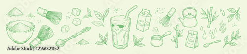Iced matcha latte drink ingredients doodle set vector illustration