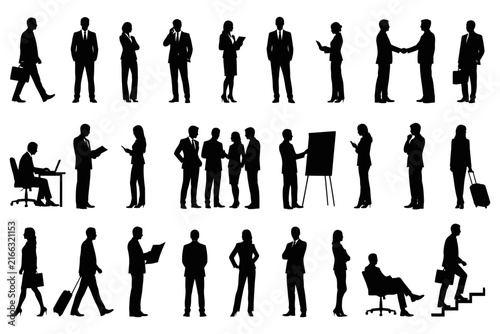Business professional silhouette collection featuring diverse corporate activities and office poses