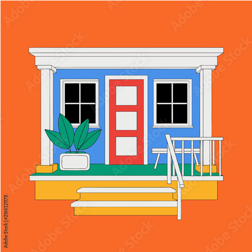 Vibrant vector illustration featuring cozy house porch with stairs and plants