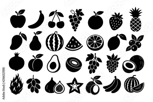 Collection of organic fresh fruits illustrated as simple black vector icons
