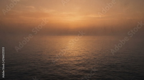 Fotografie warm amber twilight sky seamlessly blending into a perfectly calm sea with barel