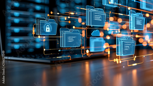 Online documentation database visualized as interconnected folders and secure cloud servers, automated file management and enterprise knowledge organization, digital