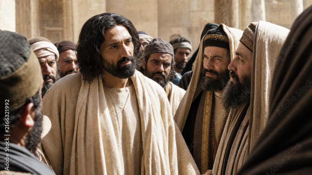 Fototapeta premium Man with beard and long hair standing among robed men in temple courtyard. Biblical teaching and religious question concept for faith history illustration and spiritual lesson art