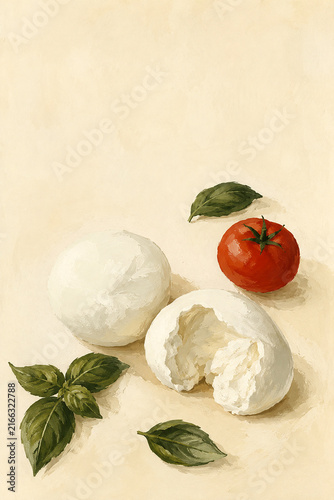 Fresh Burrata Cheese with Tomato and Basil, Italian Food Gouache Illustration