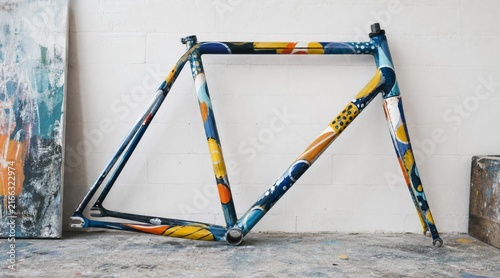 Artistic hand painted colorful bicycle frame with abstract pattern leaning against wall.