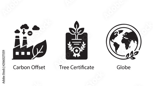 Carbon offset concept vector illustration with globe and growing tree icons