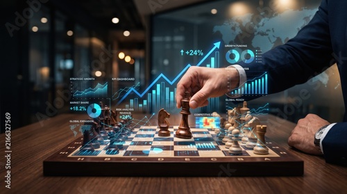 Businessman playing chess with digital holographic data overlays representing strategic planning, financial growth charts, and market analysis, corporate success, executive making