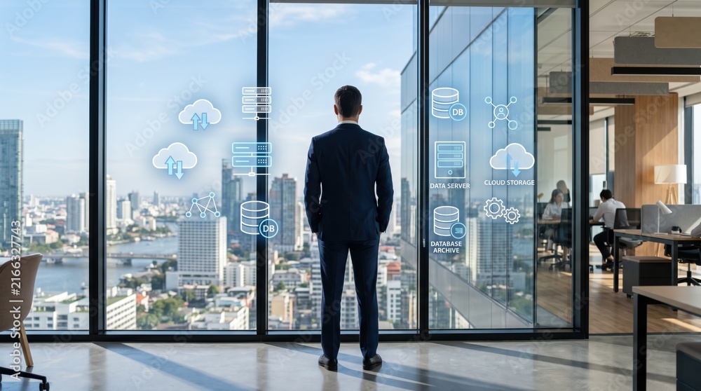 Fototapeta premium Businessman standing in modern office looking at city skyline through large glass window with floating cloud computing and database icons, digital transformation