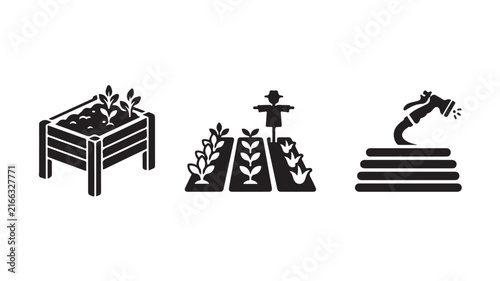 Set of community garden and urban farming outline icons on white background