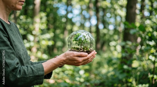 Woman holding glass sphere with small tree inside in forest, symbolizing environmental protection, ecology, sustainability, climate change, nature conservation, green energy
