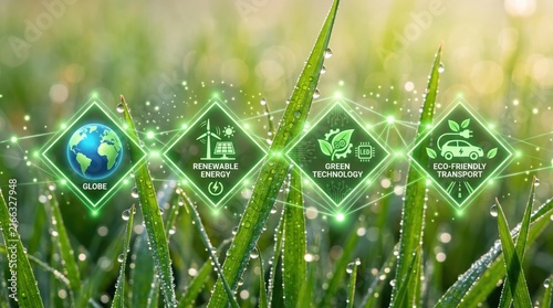 Green grass blades with water drops and glowing digital icons representing globe, renewable energy, green technology, eco-friendly transport, sustainability concepts