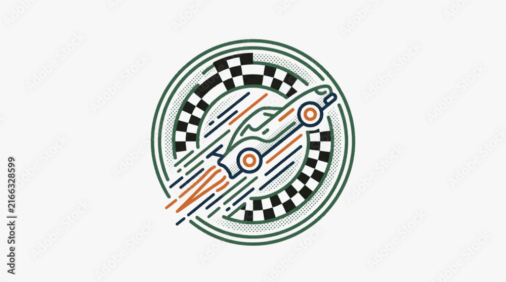 Fototapeta premium Distressed retro circular racing car logo with checkered flag pattern, motion speed lines, and halftone textures in green, orange, and blue colors on a white background.