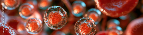 Microscopic view of advanced lipid nanoparticles floating through human bloodstream with glowing medicinal payload in red and cyan lighting.