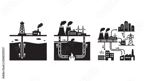 Geothermal energy system diagram underground pipes renewable power plant cross section vector illustration