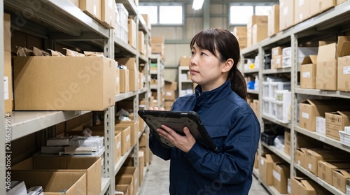 物流倉庫でタブレットを操作し在庫管理を行う日本人女性の物流スタッフ