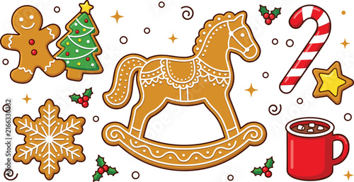 Christmas gingerbread cookies vector illustration set with rocking horse, gingerbread man, tree, snowflake, candy cane, and hot chocolate mug isolated on white