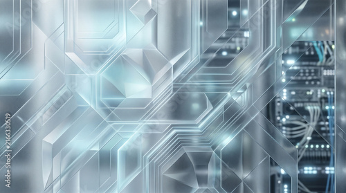 Abstract digital circuit background. Frosted glass texture with glowing technology lines.