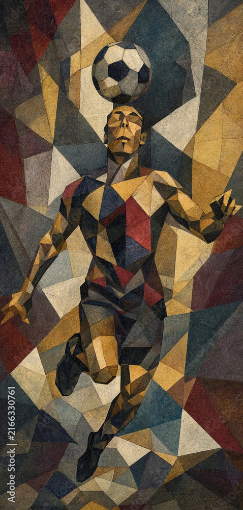 Fototapeta premium A cubist figure of a male soccer player balancing a ball on his head, depicted with angular geometric shapes and muted earth tones. Composition emphasizes movement and abstract patterning.