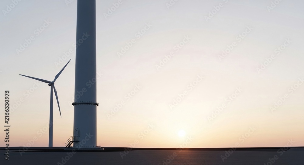 Fototapeta premium Single wind turbine generating clean energy against a pastel sunset sky