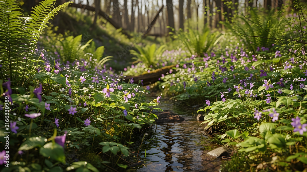 Naklejka premium Tranquil forest stream surrounded by lush greenery and wildflowers.