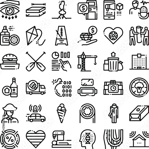 Collection of miscellaneous linear style icons representing various concepts, covering technology, business, lifestyle, and industry, perfect for infographic design elements