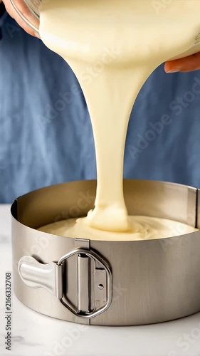 Pouring cake batter into metal springform baking pan.