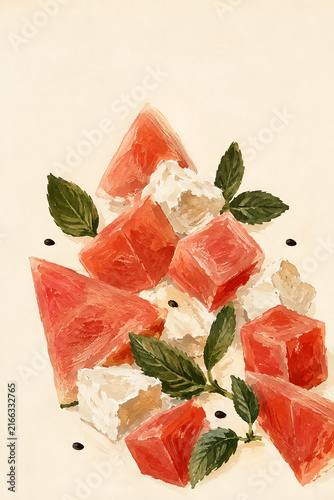 Watermelon and Feta Salad with Fresh Mint, Summer Gouache Food Illustration