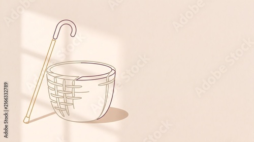 Minimalist line art basket and walking cane, simple sketch on beige background