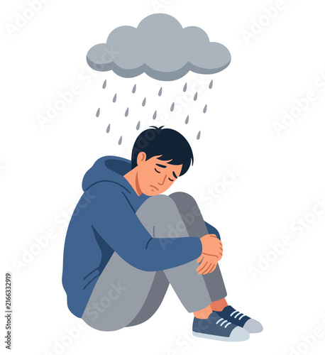 Photography Sad man sitting under rainy cloud experiencing depression and anxiety