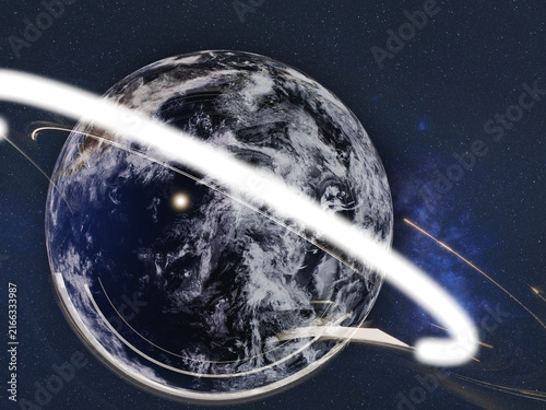 Earth with a Radiant Light Halo and Atmospheric Glow. Night Earth Suspended Inside a Cosmic Luminous Ring. Element of this 3D rendered illustration were furnished by NASA