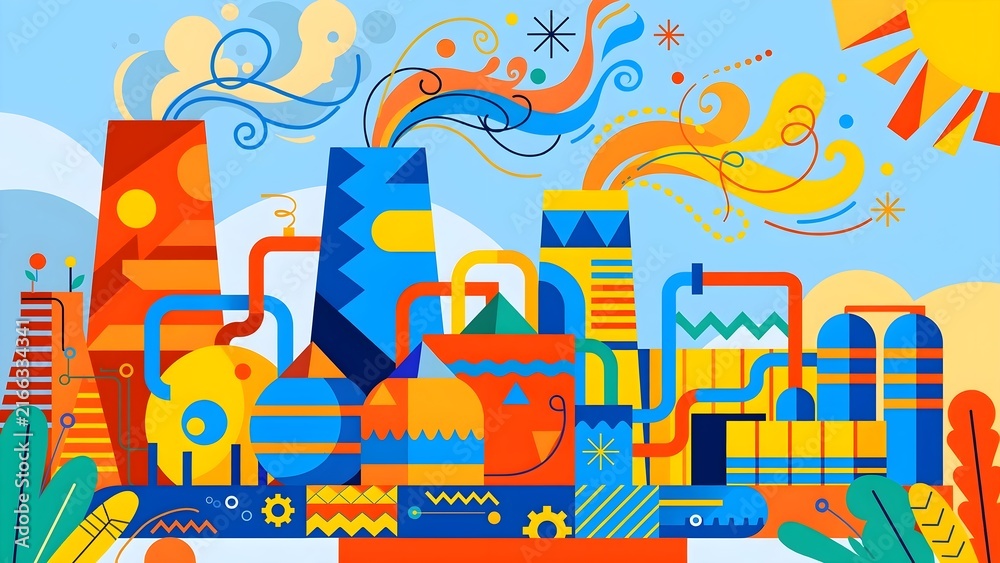Obraz premium Vibrant Alegria Style Factory Scene with Oversized Geometric Chimneys, Abstract Swirling Clouds, Colorful Storage Tanks, and Looping Pipes