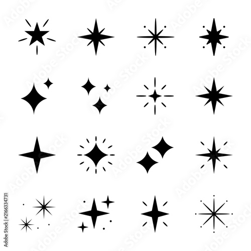 Black star sparkle icon set on white background