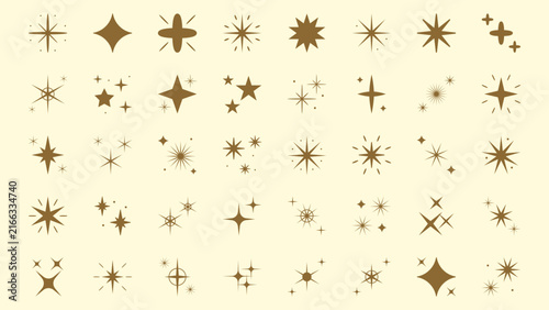 Gold sparkle icon set with eight pointed star on cream background