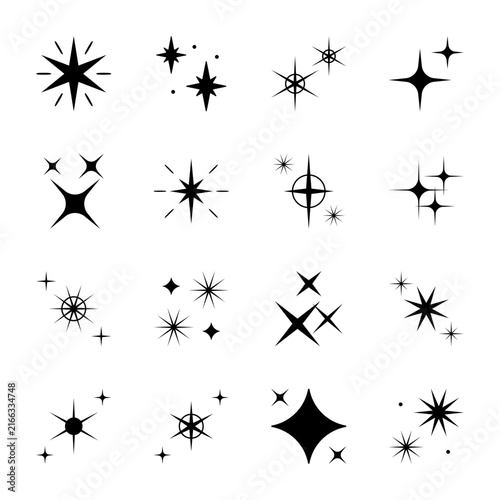 Black star sparkle icon set with cross shapes on white background