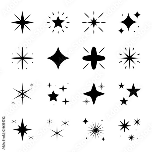Black star sparkle icon set with five pointed stars on white background