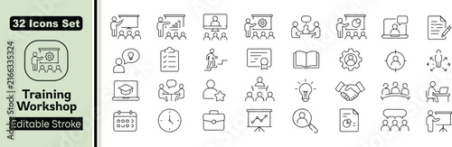 32 Training Workshop Vector Outline Icons Set – Presentation, Seminar, Coaching, Teamwork and Professional Development Line Symbols Collection