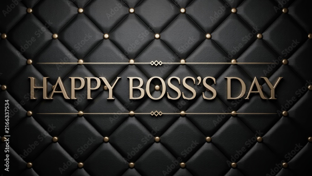 Naklejka premium Happy Boss's Day greeting, elegant gold typography on black quilted leather background, luxury corporate celebration banner