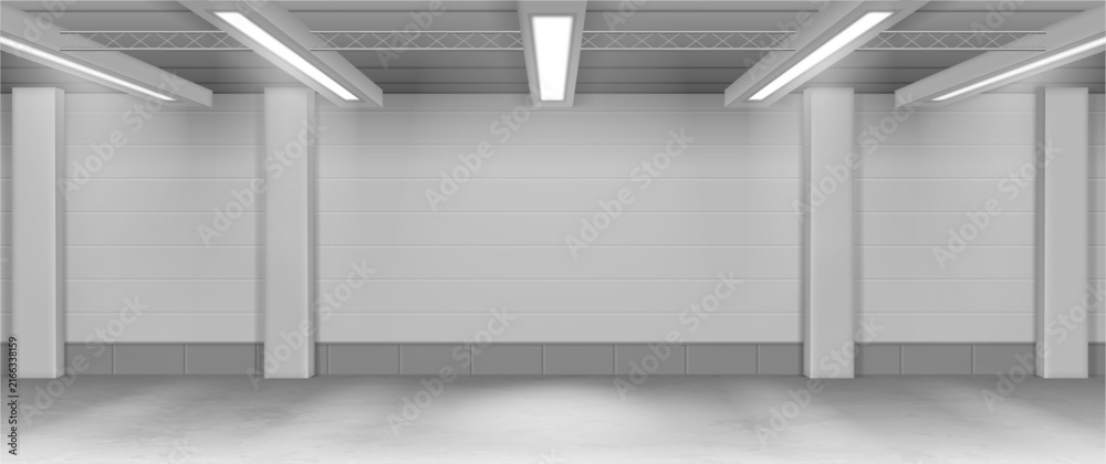Obraz premium Industrial interior with pillars, mounted lamps and expansive wall. Storage and manufacturing spaces. Vector working environments for movement and organization. Commercial and operational facilities