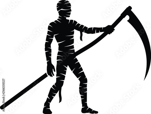 Canvas Print Silhouette of a spooky mummy character holding a large sharp scythe for hallowee