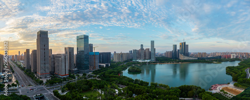 Sunrise scenery of Swan Lake and the CBD business district skyline in Hefei, China.