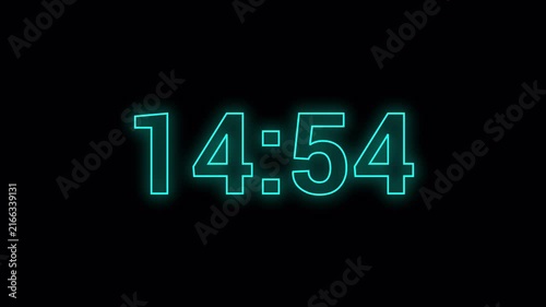 neon glowing 15 minutes countdown animation timer bold number time countdown, Digital timer animation 1-minute countdown from 15 to 14 minutes on transparent background in 4k.