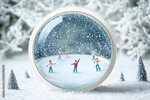 Magical snow globe featuring a tiny ice-skating rink with sparkling snow